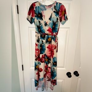 Pink Blush Floral Print Wrap Front V-Neck Hi-Low Maternity Midi Dress Medium